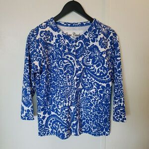 Onque Casuals Shirt Blue White Floral Cotton 3/4 Sleeve Women's M